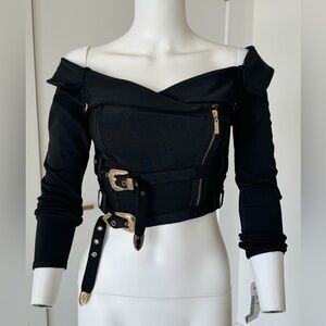 Wow Couture Black Off-Shoulder Belted Long Sleeves Bondage Top Gold Accents
